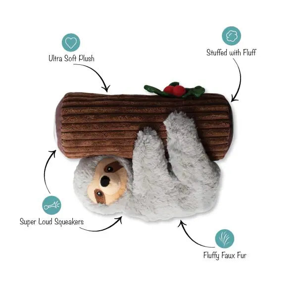 Plush toy sloth hanging from a log with features highlighted on a white background