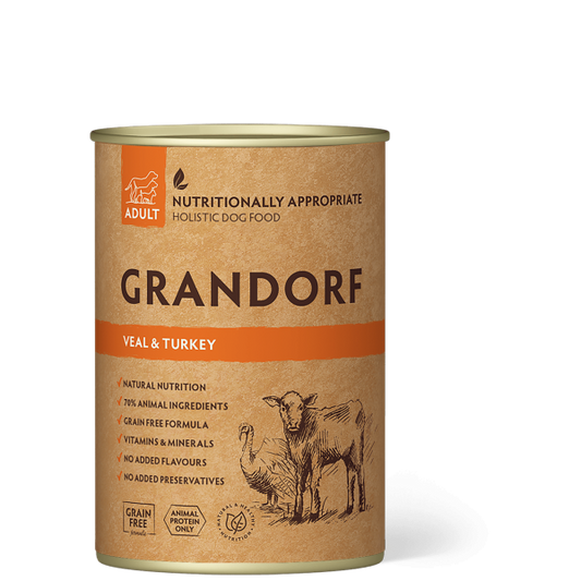 Grandorf dog food can with branding and product details on a white background
