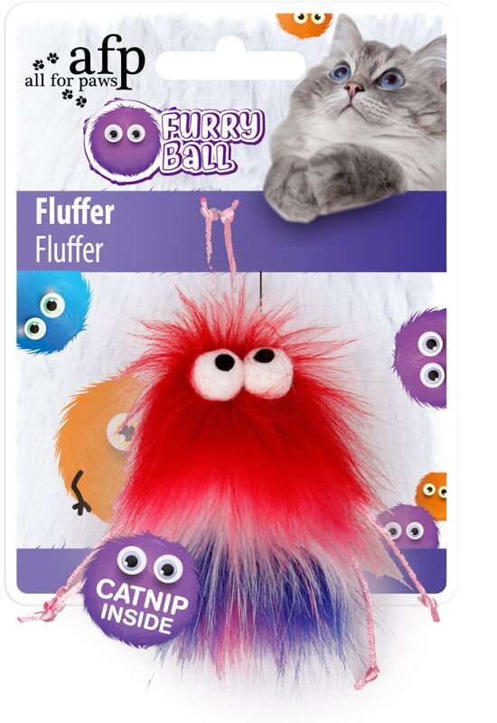 Cat toy packaging with a fluffy red and blue ball and a cat's face on the top right corner and with catnip