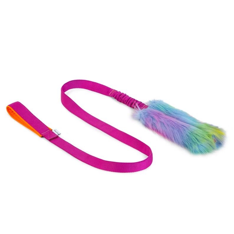 dog toy for tug of war from faux fur and with a long bungee handle