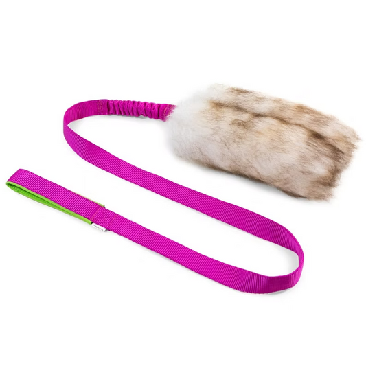 a dog toy made of real wool with long pink bungee handle