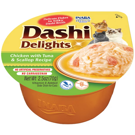 INABA Dashi Delights cat food container with chicken, tuna, and scallop recipe on a white background