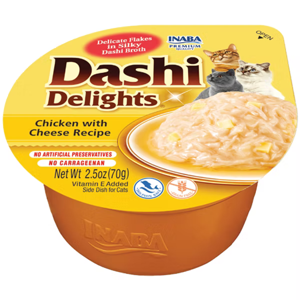a bowl of dashi delights cat food chicken with cheese on white background