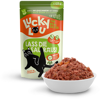 Cat food packaging with a bowl of wet cat food on a white background lucky lou