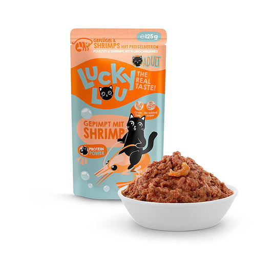 bag of lucky lou cat food with poultry and shrimps on white backgroudn
