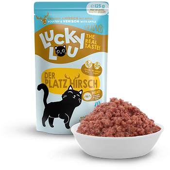 Lucky Lou cat food packaging with a bowl of cat food on a white background