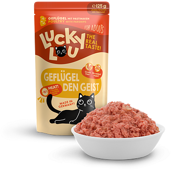 a bag of lucky lou cat food with poultry on white background