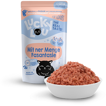 Cat food packaging with a bowl of cat food on a white background lucky lou