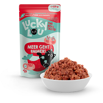 Lucky Lou cat food pouch with a bowl of cat food on a white background