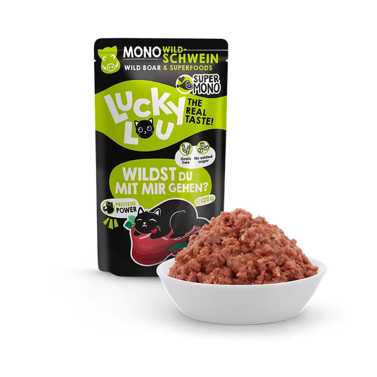 Lucky Lou pet food package with a bowl of pet food on a white background