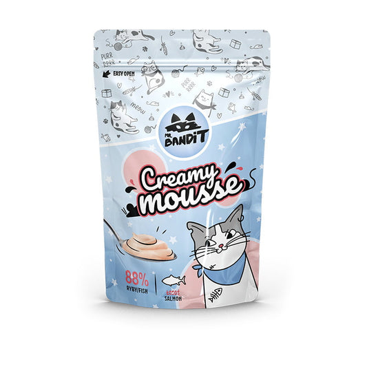 Packaging of Mr. Bandit Creamy Mousse cat treat on a light blue background