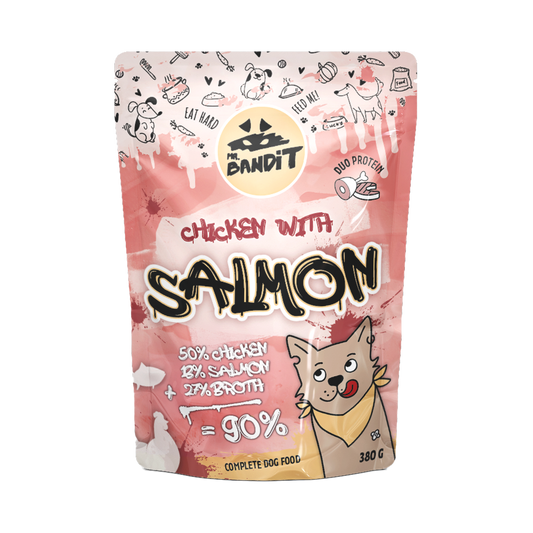 Pink package of dog food with chicken and salmon ingredients on a white background