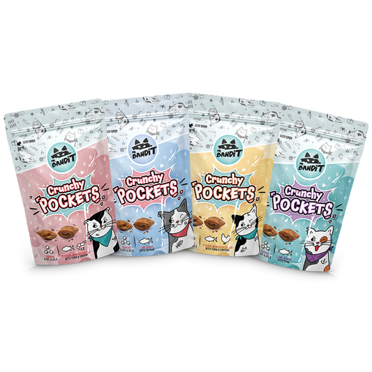 Four packages of Crunchy Pockets cat treats with colorful designs on a white background