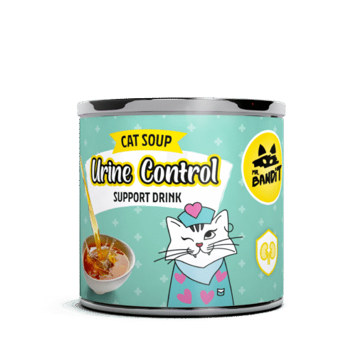 Can of cat soup with 'Urine Control' label on a light blue background