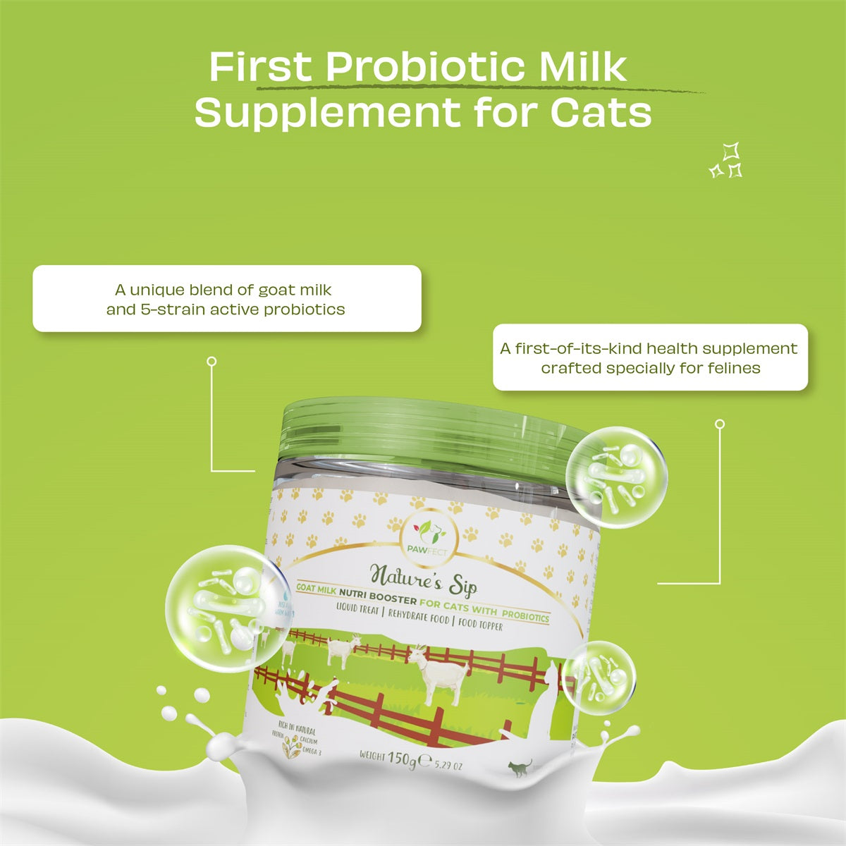 Probiotic milk supplement for cats with green background and product packaging.