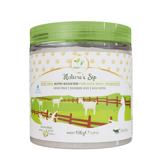 Jar of 'Nature's Sip' cat food supplement with green lid on a white background