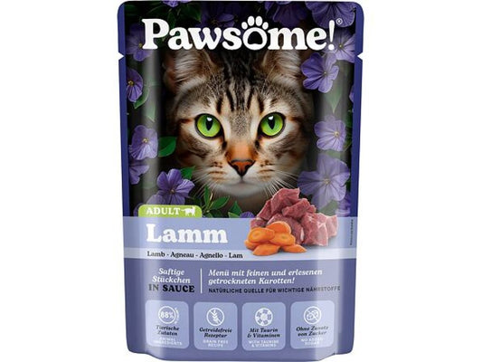 a pouch of pawsome lamb cat food on white background