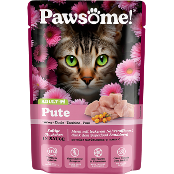 Pouch of Pawsome cat food with a cat's face on the packaging