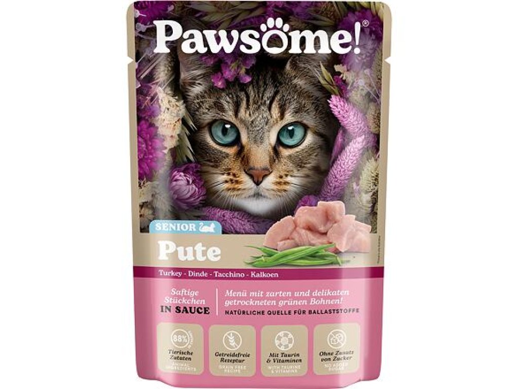 pawsome senior turkey cat food pouch on white bakground