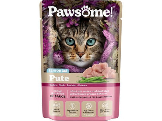 pawsome senior turkey cat food pouch on white bakground