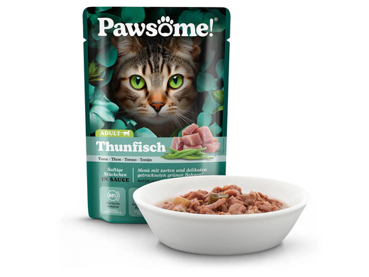 a pouch of pawsome tuna cat food on white background