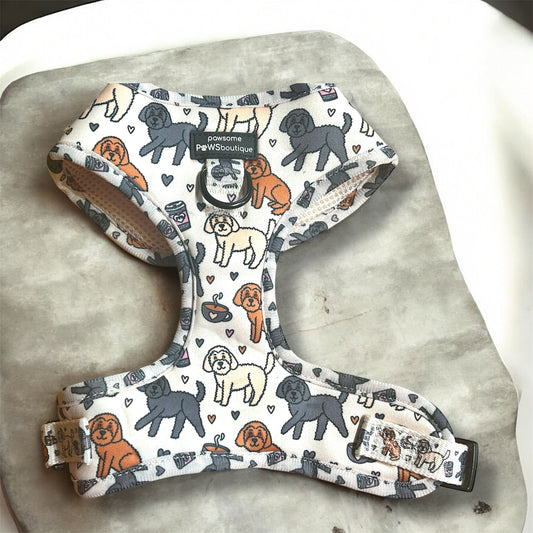 Dog harness with cute dog pattern on a gray surface