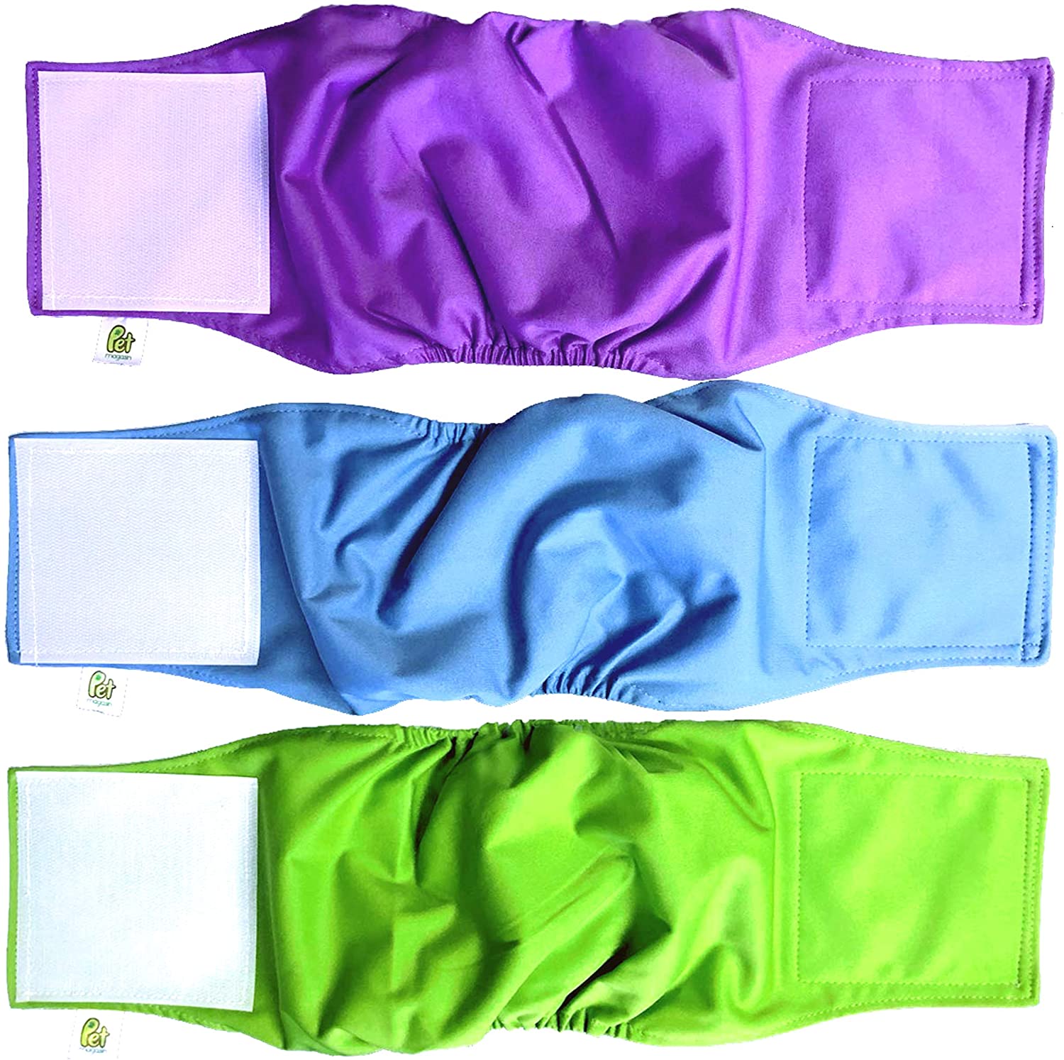 Three colorful swim diapers in purple, blue, and green on a white background.