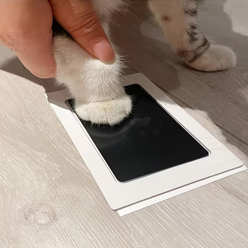 Cat paw pressing a paw print on a small black mat, held by a hand.