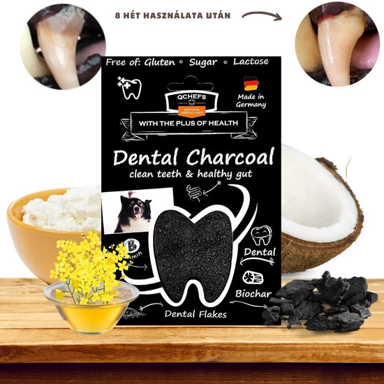 Dental Charcoal packaging with coconut, flowers, and charcoal on a wooden surface