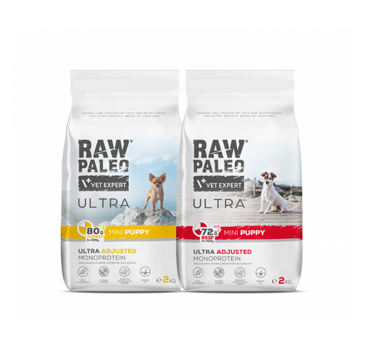 Two bags of Raw Paleo Vet Expert Ultra dog food for mini puppies on a white background