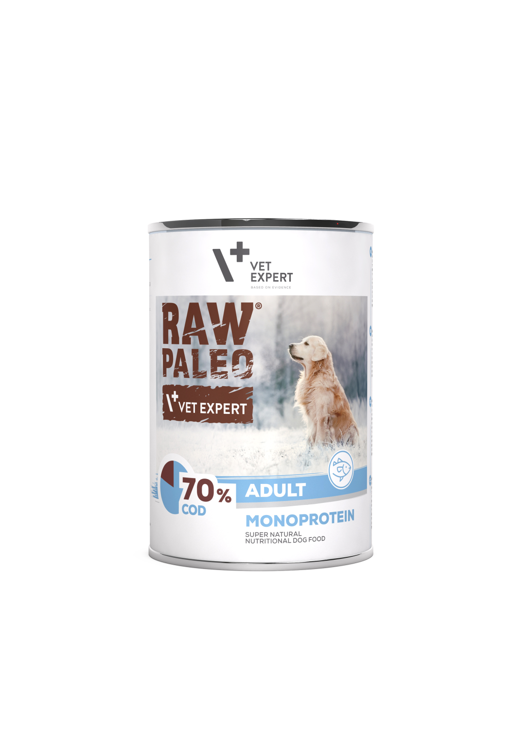 Vet Expert Raw Paleo dog food can on a white background