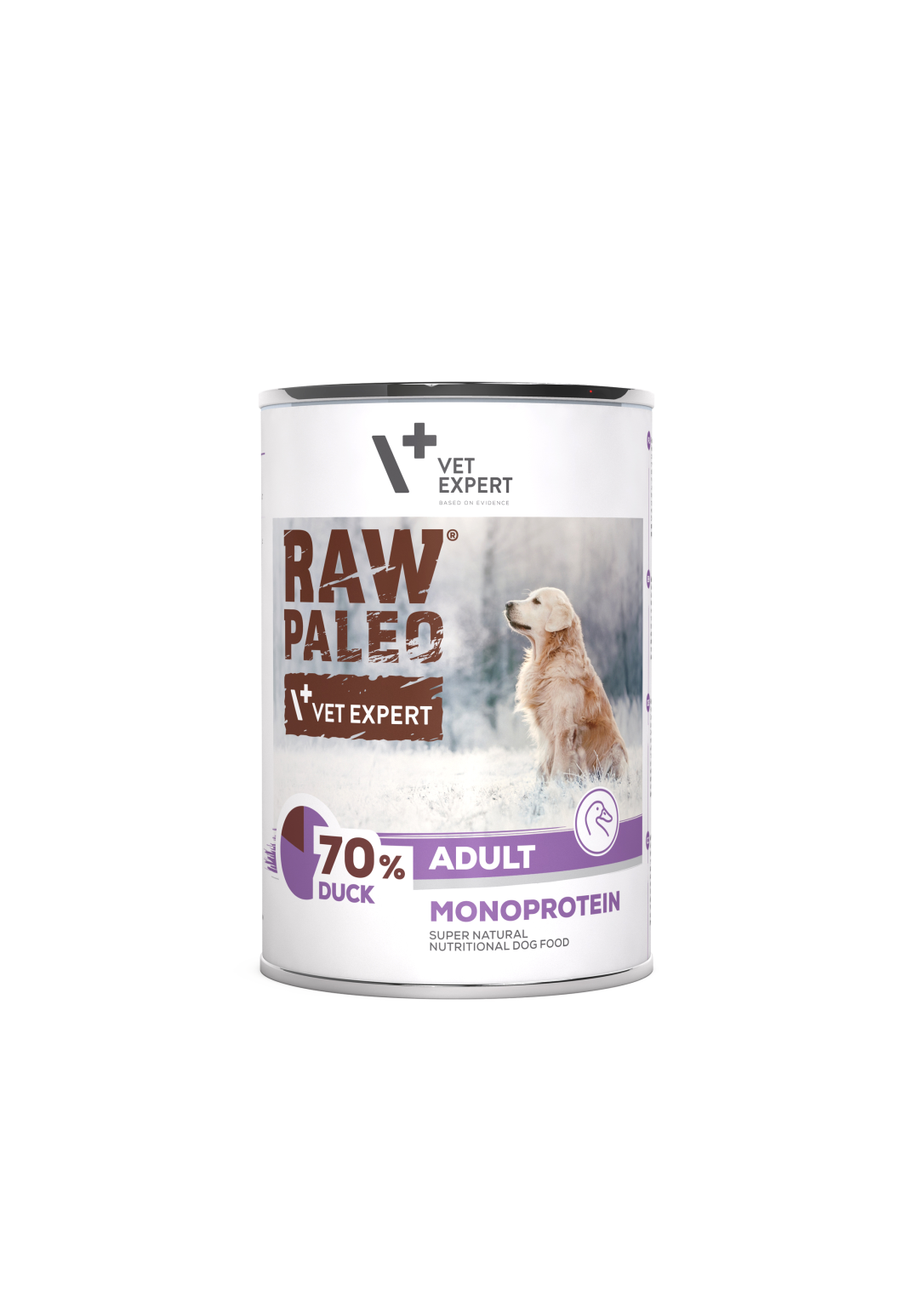 Vet Expert Raw Paleo dog food can on a white background