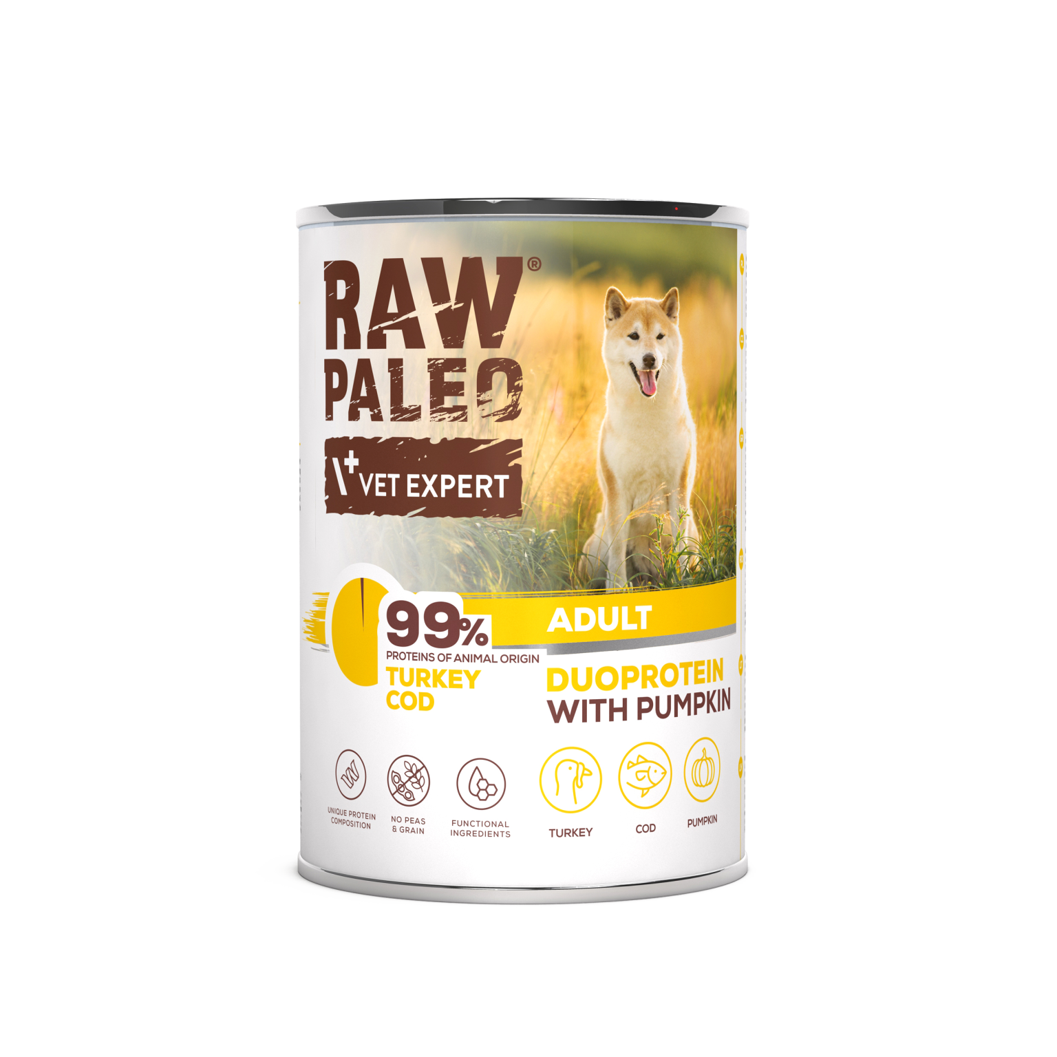 Raw Paleo Vet Expert dog food can with a dog on the label against a white background