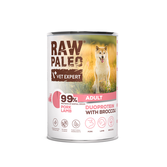 Raw Paleo Vet Expert dog food can with a dog on the label against a white background