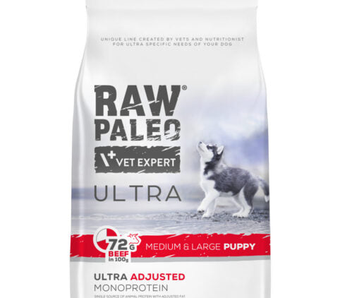 Dog food package with 'Raw Paleo' branding and a husky on the label.