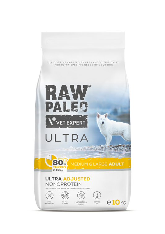 Raw Paleo Vet Expert Ultra dog food package on a white background