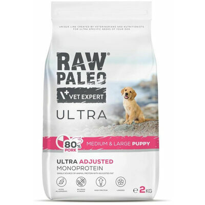 Bag of Raw Paleo Ultra puppy food for medium and large breeds on a white background
