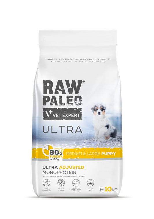 Raw Paleo Vet Expert Ultra dog food package for puppies on a white background