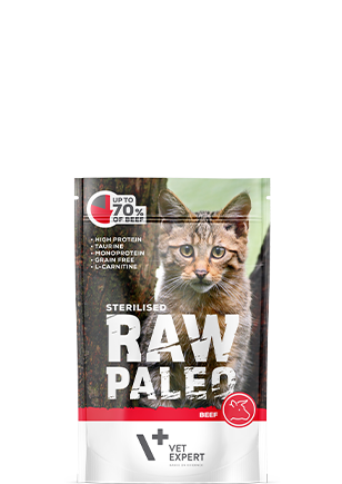 Cat food package labeled 'Raw Paleo' for sterilised cats on a white background