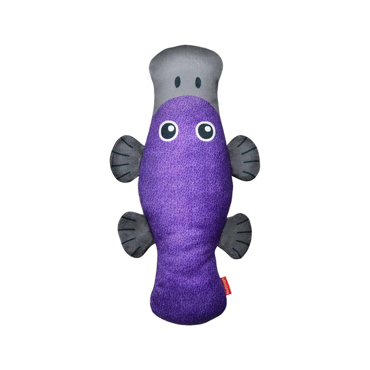 Purple and gray plush toy with googly eyes on a white background