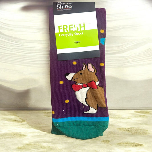 Sock with dog design and 'Shires' branding on a white background