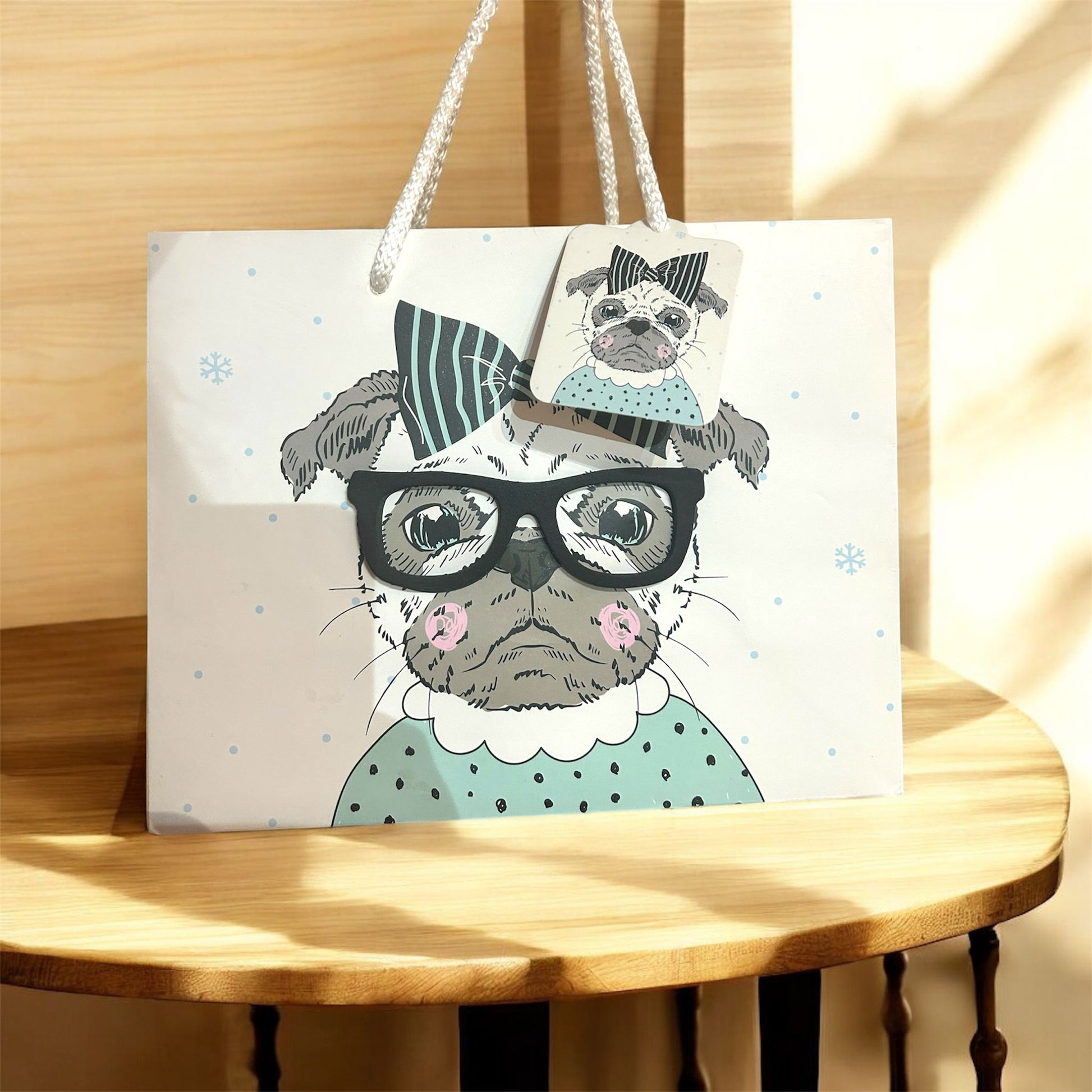 Tote bag with a pug illustration wearing glasses and hats on a wooden surface.