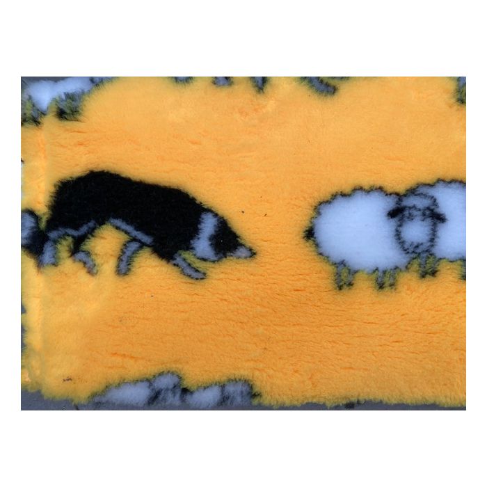 Fleece fabric with a pattern of a dog chasing a sheep on an orange background