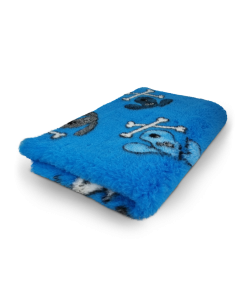 Blue towel with skull and crossbones design on a white background