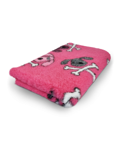 Pink blanket with skull and crossbones pattern on a white background