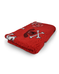 Red towel with skull and crossbones design on a white background