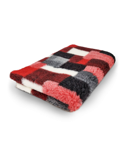 Checkered blanket with red, black, and gray pattern on a white background