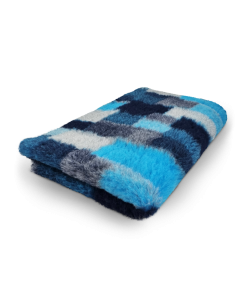 Folded plaid blanket with blue and gray pattern on a white background