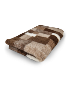 Plaid-patterned blanket with brown, beige, and white colors on a white background