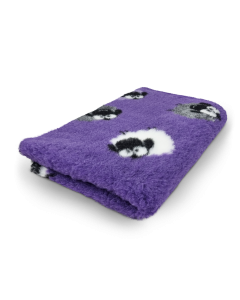 Purple towel with a black and white pattern on a white background